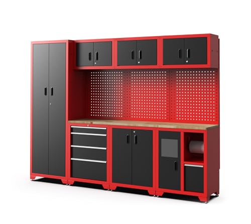 FEISTOS Werkstatteinrichtung Juno 3 | 2640x457x1981 mm Rot/Schwarz | Profi Werkbank & Werkzeugwand für Ordnung in der Werkstatt | 11 Teilig - Werkstattmöbel mit Arbeitsplatte & Lochwand von FEISTOS