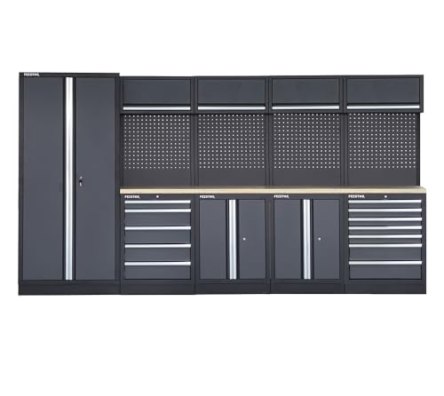 FEISTOS Werkstatteinrichtung | Werkzeugschrank Apollo 17 | inkl. Lochwand | Grau/Schwarz | 364x46x200 cm von FEISTOS