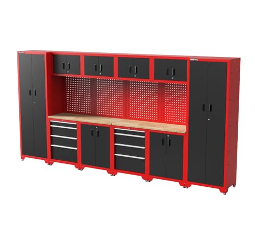 FEISTOS Werkstatteinrichtung | Werkzeugschrank Juno 11 | inkl. Lochwand | Schwarz/Rot | 396x46x198 cm von FEISTOS