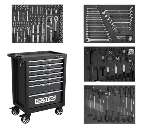 FEISTOS Werkzeugwagen Mento 1 | Werkstattwagen bestückt mit 158 Teilen | Schwarz | 47x77x96 cm | Modular & abschließbar von FEISTOS