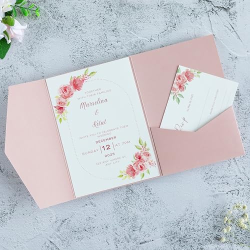 FEIYI 20 Stück Blassrosa dreifach gefaltete Laser-Cut Hochzeitseinladungstaschen für 12,7 x 17,8 cm Hochzeitskarten, Junggesellinnenabschied, Verlobung Einladungen von FEIYI
