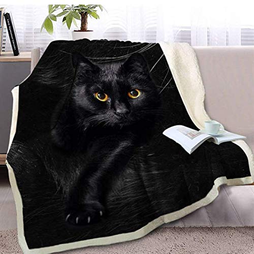 FEJK Schwarze Katze Decke auf Sofa 3D Tier Plüsch Sherpa Decke schöne Haustier Tagesdecken dünne Decke 150 * 180 cm von FEJK