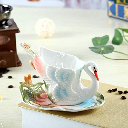Schwan Kaffee Tee Tasse Untertasse Löffel Farbe Emaille Keramik Porzellan Kaffee Tee Sets Für Home Cafe Geschenk 200 Ml von FEJK