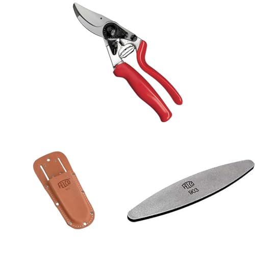 FELCO 12 Rollgriff-Gartenschere mit Lederholster 910+ und Schärfwerkzeug 905 – Kompaktes Set für kleine Hände, hoher Komfort und präzise Schnitte von FELCO