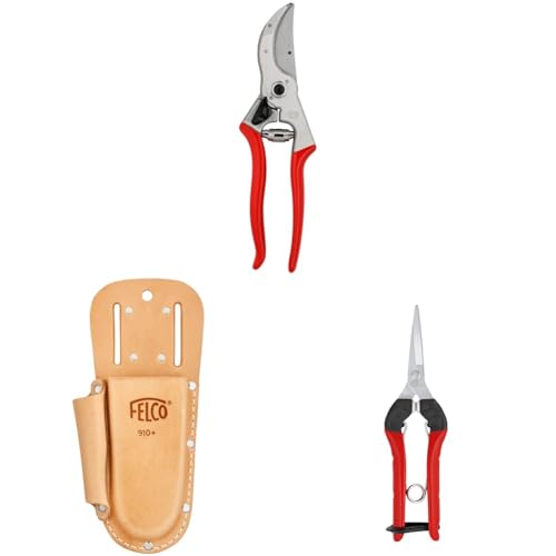 FELCO 2 Gartenschere mit Lederholster 910+ und Leseschere 322 – Kräftiges Set für Garten- und Obstbaumschnitt von FELCO