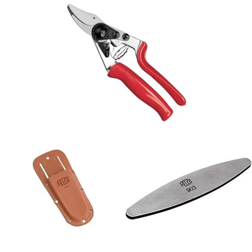 FELCO 7 Rollgriff-Gartenschere mit Lederholster 910+ und Schärfwerkzeug 905 – Ergonomisches Set für intensive Schnitte mit hoher Leistung von FELCO
