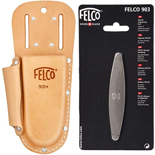 FELCO Baumscheren-Träger Nr.910+ aus Leder mit Tasche, Braun, 35x15x5 cm & 154261 903 Schleifstein, Wetzstein mit Diamant-Beschichtung, für Messer der Gartenscheren geeignet-903, grau Länge 100mm von FELCO