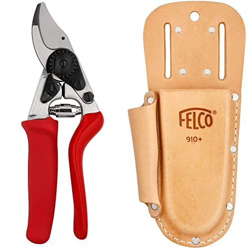 FELCO Gartenschere Nr. 15 mit Rollgriff (für Rechtshänder, Länge 189 mm, Schnitt-ø 18 mm) FELCO 15 & Etui Nr. 910+ (Holster aus Echtleder für Gartenschere + Schleifstein) FELCO 910+ von FELCO