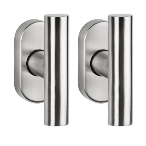 2er Set FELGNER Fenstergriff Como - T-Form | Fenster-Sicherung mit 90° Kugelrasterung | versteckte Schrauben + ovale Rosette | korrosionsbeständig | Stiftlänge 24/42 mm + 32/36 | Edelstahl matt von FELGNER