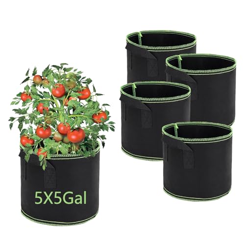 FELINAT 5er-Pack Stofftopf 19L(Gal), Pflanzsack mit Griff, Atmungsaktive Stofftöpfe für Garten Balkon Terrasse, Pflanztopf für Gemüse Blumen Kräuter von FELINAT