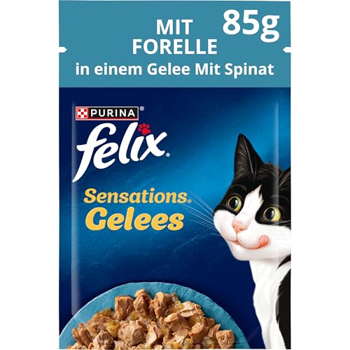 FELIX Sensations Gelees Katzenfutter nass, mit Forelle & Spinat in Gelee, 26er Pack (26 x 85g) von Felix