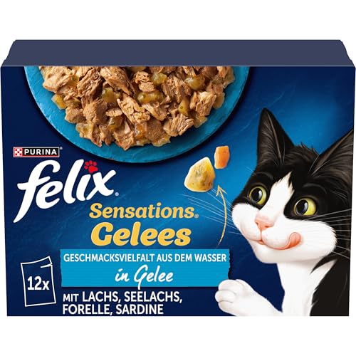FELIX Sensations Gelees Katzenfutter nass in Gelee, Fisch Sorten-Mix, 6er Pack (6 x 12 Beutel à 85g) von Felix