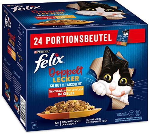 FELIX So gut wie es aussieht Doppelt Lecker Katzenfutter nass in Gelee, Sorten-Mix, 4er Pack (4 x 24 Beutel à 85g) von FELIX