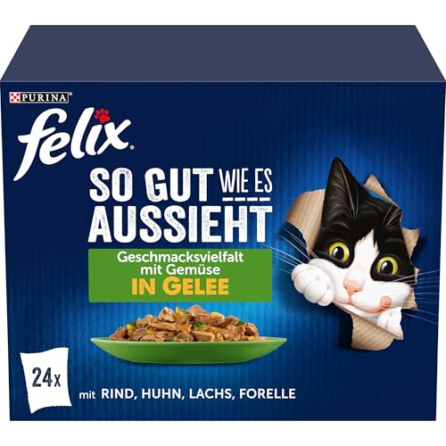 FELIX So gut wie es aussieht Katzenfutter nass Geschmacksvielfalt mit Gemüse in Gelee mit Rind, Huhn Lachs, Forelle, 4er Pack (4 x 24 Beutel à 85g) von Felix