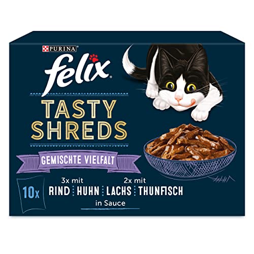 FELIX Tasty Shreds Katzenfutter nass in Sauce, Geschmacksvielfalt Sorten-Mix, 6er Pack (6 x 10 x 80g) von Felix