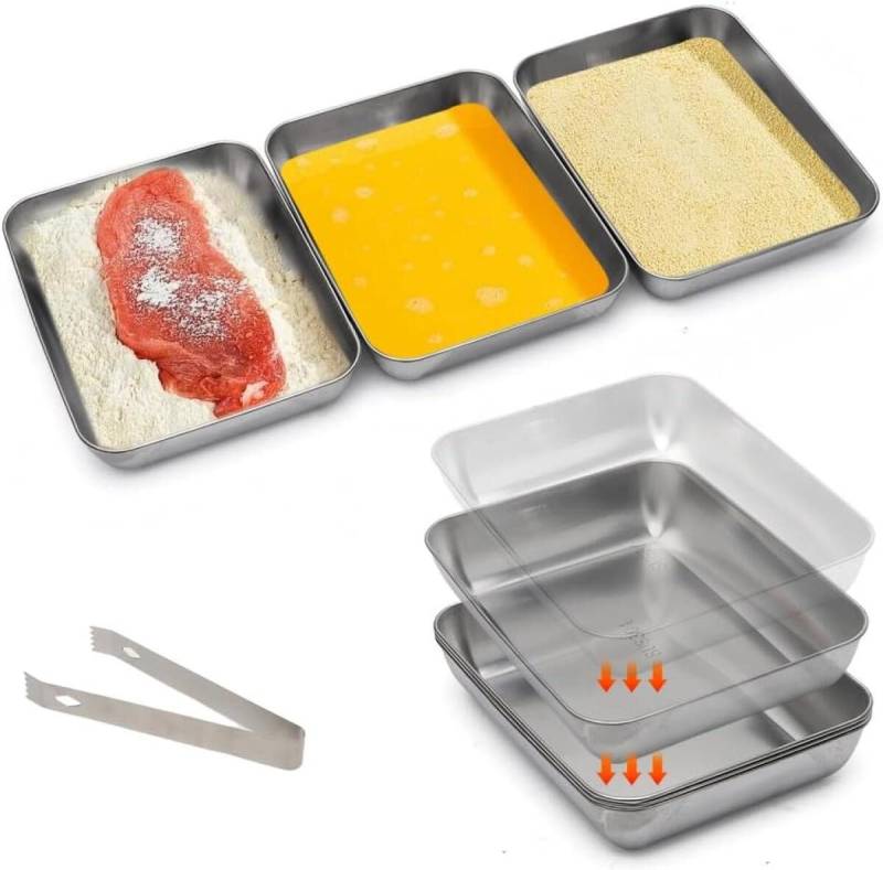 FELIXLEO Dipschale 3-teilig Panierschalen Set Edelstahl Rechteckig zum Panieren mit Clip, (1-tlg) von FELIXLEO