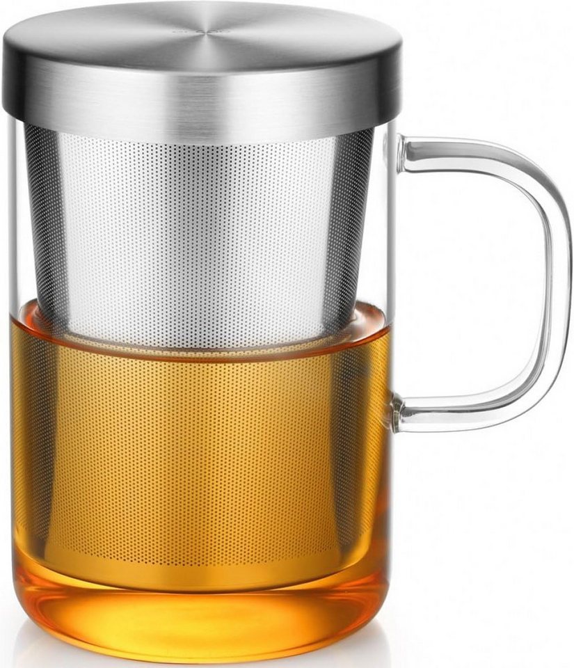 FELIXLEO Teekanne 500ml(volle Kapazität) Glas mit Silberne Edelstahl Sieb Deckel Teeglas von FELIXLEO