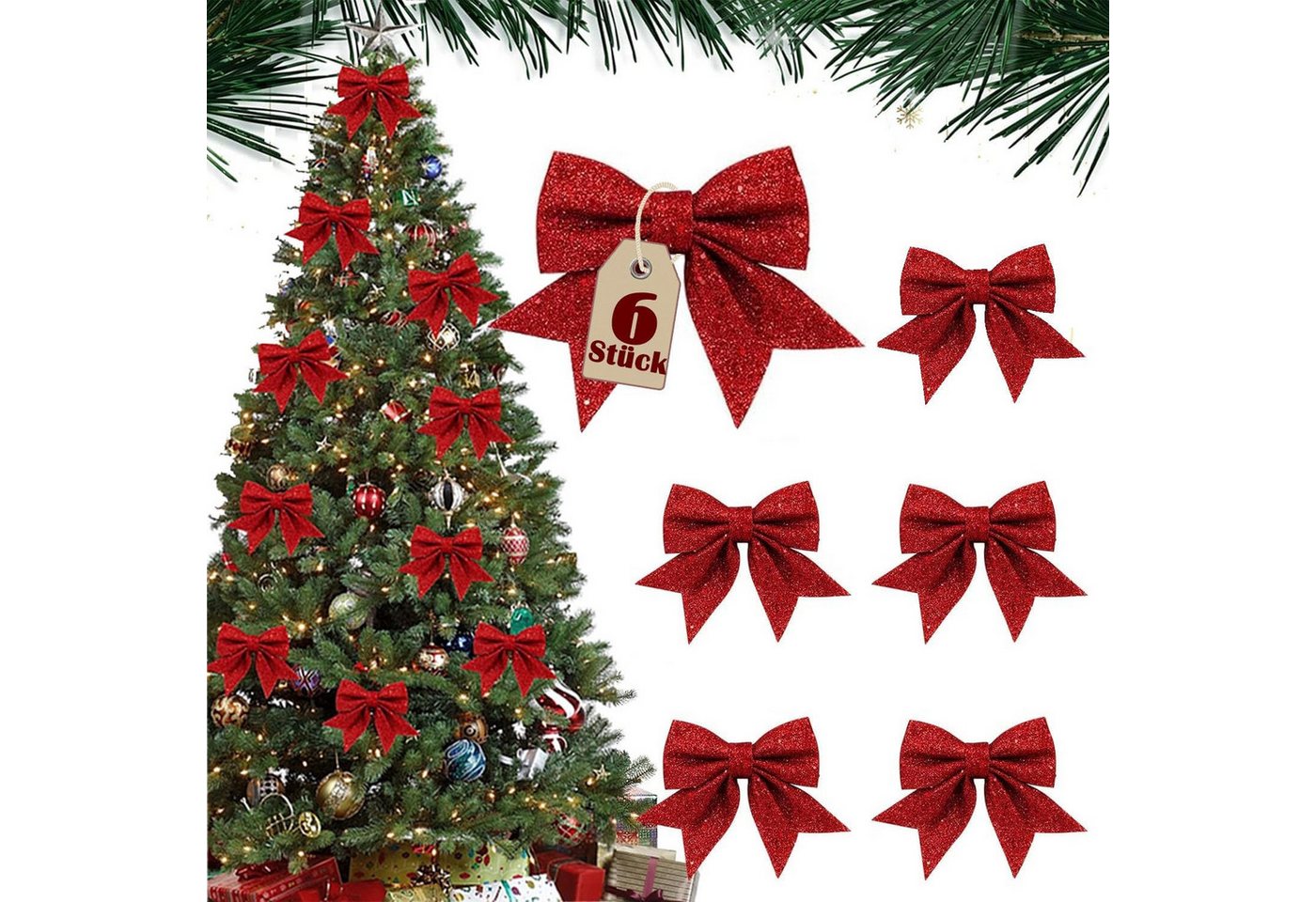 FELIXLEO Weihnachtsbaumschleife 6 Stück Weihnachtsschleifen Rot Bogen Weihnachtsbaumschmuck Deko (1-tlg) von FELIXLEO