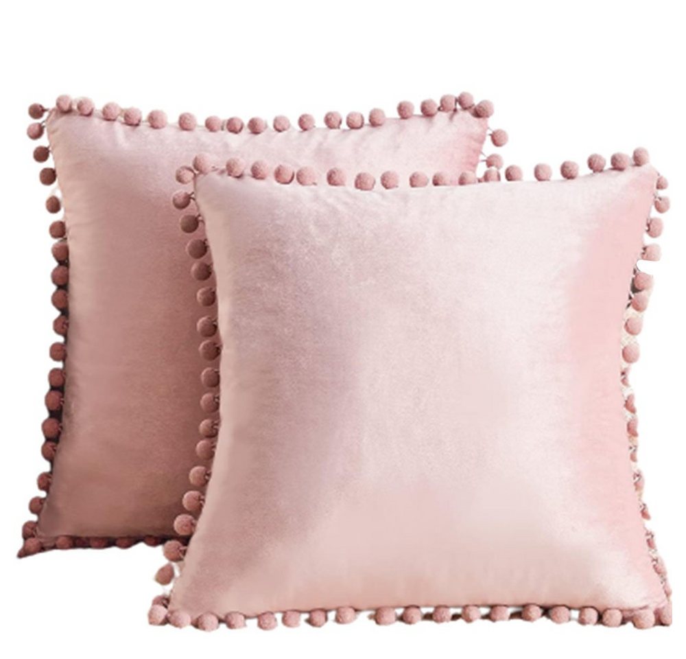 Kissenbezüge Kissenbezüge Samt mit Pompoms Dekorative Kissenhülle Pink 40X40cm 2er, FELIXLEO von FELIXLEO