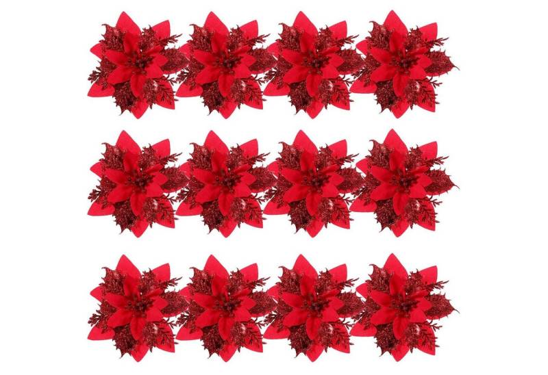 Kunstkranz 12 Stück Weihnachtsstern-Blumen-Glitzer-Weihnachtsbaumschmuck in Rot, FELIXLEO von FELIXLEO