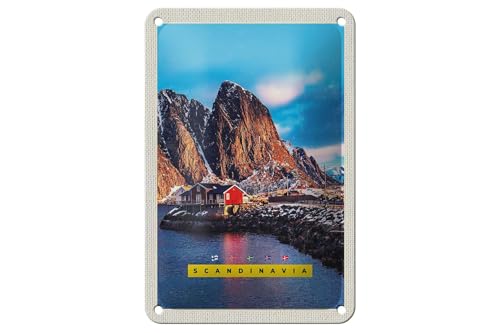 FEMER Blechschild Reise 12x18cm Skandinavien Gebirge Meer rote Häuser Schild FEMER Blechschild Reise 12x18cm Skandinavien Gebirge Meer rote Häuser Schild von FEMER