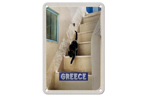 Femer Blechschild Reise 12x18cm Greece Griechenland weiße Treppe Katze Schild von FEMER