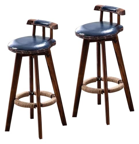 FENBNMK Barhocker Paar Retro-Barhocker, drehbarer Barhockerstuhl mit Holzbeinen, Pub-Küchentheken-Esszimmerstuhl mit ledergepolstertem Sitz Style (Color : Blue) von FENBNMK