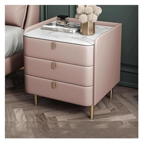 FENBNMK Nachttische Nachttisch mit 3 Schubladen, Schlafzimmerschrank aus Holz, Beistelltisch aus Kunstleder, Marmorplatte Schlafzimmer (Color : Pink, Size : 50X40X69cm) von FENBNMK