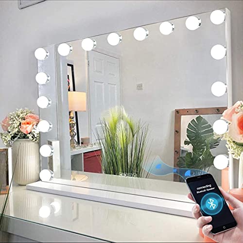 FENCHILIN Bluetooth großer Spiegel mit Beleuchtung, 18 Dimmer LED Leuchten,Schminkspiegel mit Licht, Hollywood Spiegel Kosmetikspiegel mit 10 facher Vergrößerungsspiegel, Tischspiegel mit USB 80x60 von FENCHILIN