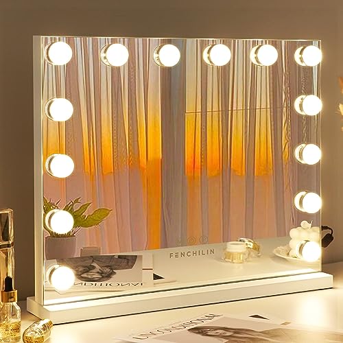 FENCHILIN Hollywood Spiegel mit Beleuchtung 14 Dimmer LED Leuchten Schminkspiegel mit Beleuchtung 3 Farbtemperatur Touch-Steuerung Makeup Spiegel mit Beleuchtung für Schminktisch 50x42 cm Weiß von FENCHILIN