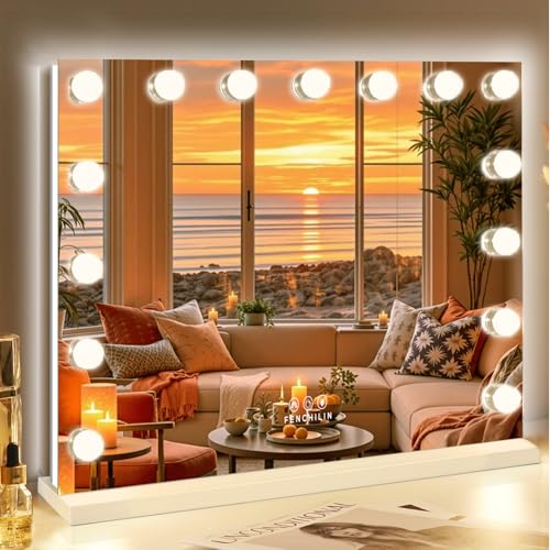 FENCHILIN Hollywood Spiegel mit RGB Schminkspiegel mit Beleuchtung mit 15 Dimmbare Licht 3 Lichtmodi Hollywood Spiegel mit Beleuchtung 10x Vergrößerung HD Gehärtetes Glas Weiß 58cmX46cm von FENCHILIN