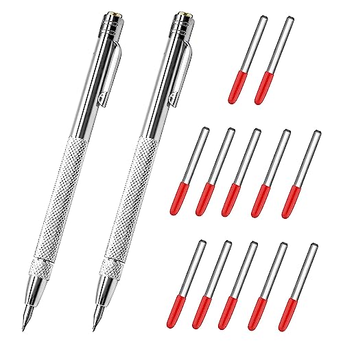 FENGCHUANG 2 Stück Wolframcarbid Stift, Tieflochmarker Bleistift, Anreißnadel Hartmetall mit Magnet, Anreißwerkzeug mit Zusätzlichen 12 Ersatz Red Hat Markierspitzen für Glas/Metallblech von FENGCHUANG