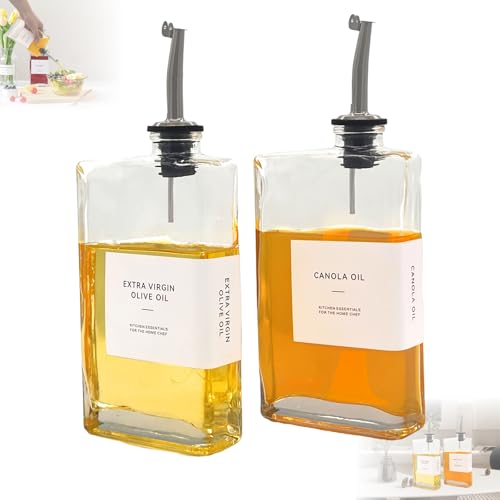 FENGJIAHUI 2 Stück Essig und ölflaschen Set, 350ML ölflasche mit Ausgießer, Olive Oil Dispenser Bottle for Kitchen, ölspender Glas, Cooking Oil Dispenser, Moderne Kühendekoration, 36 Etikett (Silber) von FENGJIAHUI