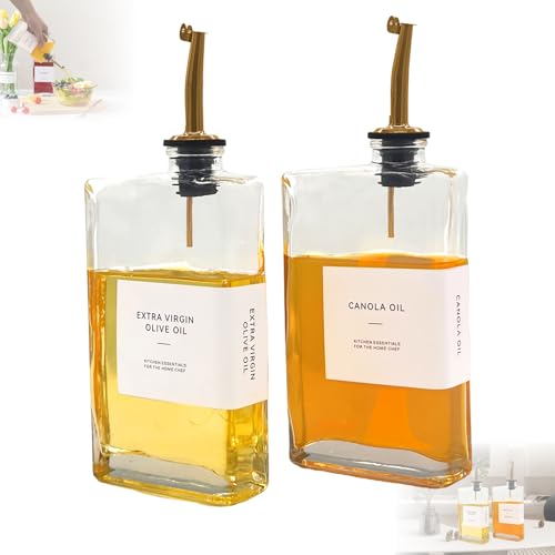 FENGJIAHUI 2 Stück Essig und ölflaschen Set, 350ML ölflasche mit Ausgießer, Olive Oil Dispenser Bottle for Kitchen, ölspender Glas, Cooking Oil Dispenser, Moderne Kühendekoration, 36 Etikett (Gold) von FENGJIAHUI
