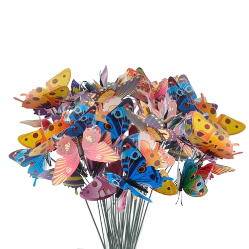 50 Stück Schmetterlinge auf Stäben, Bunte Schmetterlings Gartenstecker Pflanzendekoration für Töpfe Kunststoff Schmetterlinge PVC Schmetterlingsstecker DIY für Innenbereich, Party, Hofdekoration von FENGQQKJ