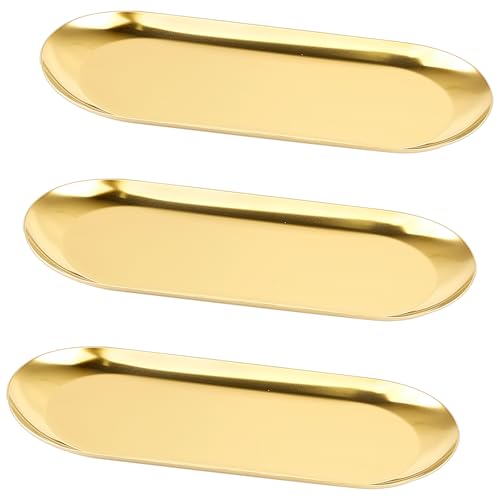Deko Tablett Klein Serviertablett Gold Dekoschale Ovale Schmuck Tablett Schminktisch Goldene Untersetzer Kerzen Dekoteller Schlüsselschale Golden Deko Servierplatten Edelstahl Blattgold-Tablett 3 STK von FENGQQKJ