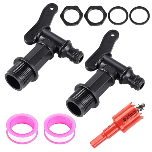 FENGQQKJ 2 Stück Auslaufhahn für Regentonne Wasserhahn Auslaufhahn 3/4 Zoll Kunststoff Hahn für Regentonne mit 25 mm Lochöffner, Kunststoff-Fadenschnalle, Wasserdichtes Band für Heim Garten von FENGQQKJ