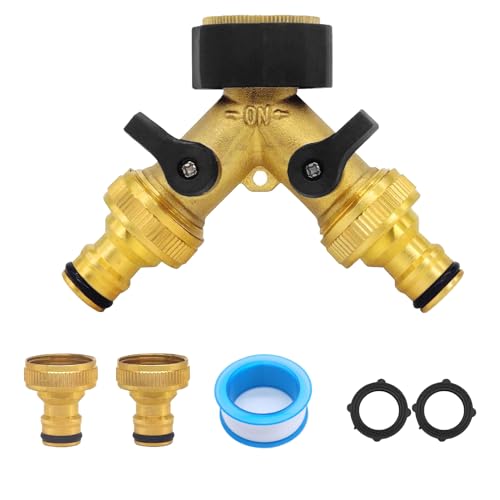 Garten Wasserhahn 2 Wege Verteiler Wasser Y Verteiler 3/4 Zoll Schlauchanschluss Wasseranschluss Adapter Messing Gartenschlauch Adapter Wasserhähne Splitter mit Verlängerter Griff für Aufstecken von FENGQQKJ