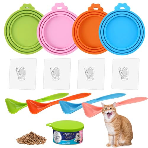 FENGQQKJ 4er Dosendeckel, Dosendeckel Katzenfutter Universelle Silikon Deckel für Tierfutterdosen 3 in 1 Standardgrößen mit 4 Hornhaken und 4 Löffeln für Katzen-und Hundefutterdosen von FENGQQKJ