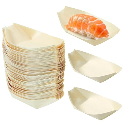 FENGQQKJ Fingerfood Schalen Snack Schalen Bambusschale Holzschale Schiffchen Snackschalen Würstchen Pappe Currywurst Schale Pommesschalen Pappschalen Bambus Teller für Snack Geschirr 100 Stücke von FENGQQKJ