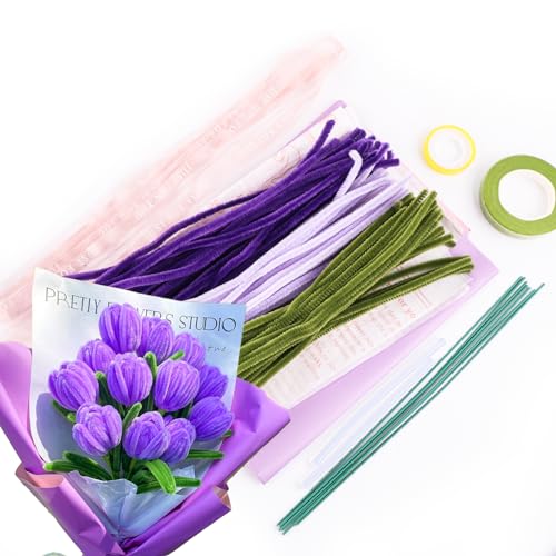 Tulpe Blumenstrauß Pfeifenreiniger Set Pfeifenputzer zum Basteln Blumen Pipe Cleaner Flower Set Chenilledraht Tulpenstrauß Kit Pfeifenreiniger Blumen Lila mit Blumenstrauss Papier für Dekoration von FENGQQKJ
