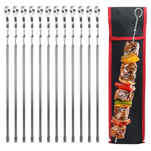 Schaschlikspieße Edelstahl Grillspieße Grill Spieße Lang Fleischspieße Flache Barbecue Skewers Flache Grillspieße für Grillwurst mit Nylontasche für Grillen 36cm 12 stück von FENGQQKJ