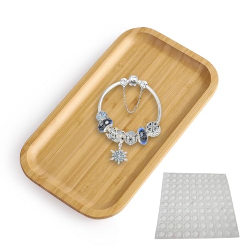 Serviertablett Bambus Rechteckig Tablett Klein Deko Tablett Holz Badezimmer Bambustablett Küchentablett Kosmetik Tablett Organizer Pflanzen-Untersetzer mit Selbstklebepunkten für Café, Restaurant von FENGQQKJ