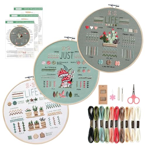 FENGQQKJ Stickset für Anfänger Sticken Set Erwachsene Embroidery Kit Stickrahmen-Set blumen Pflanzen Kreuzstich Anfänger 3 Sets Stickerei DIY Kreuzstich Stick mit 1 Stück Bambus für Handstickerei von FENGQQKJ