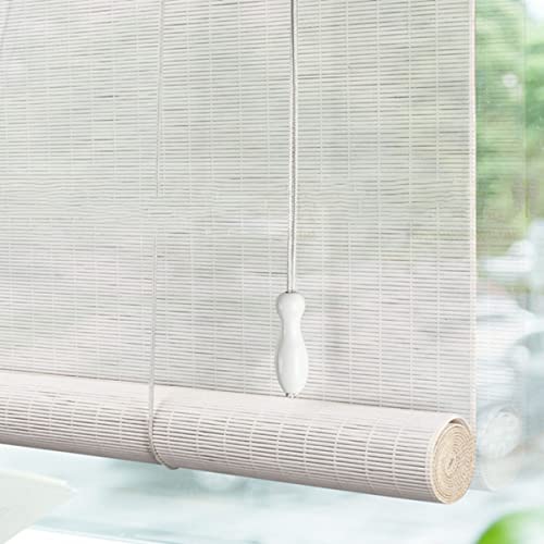 Sonnenschutz und Sichtschutz Bambusrollo in Natur Weiß,Außen/Innen Bambus Rollo Raffrollo,Blickdicht Fenster-Rollo,mit Seitenzug Jalousie Holzrollo Faltrollo,Cool,Atmungsaktiv (W65xH120cm/26x47in) von FENGSHOUU