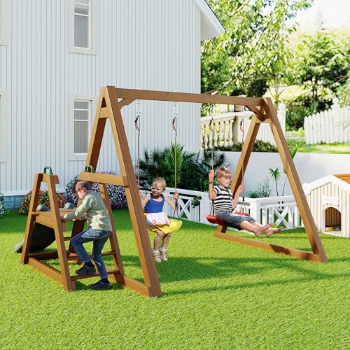 FENGSSLL Kinderschaukel Outdoor Die Holzschaukel mit Kletterleiteraufsatz verfügt über 2 Schaukelsitze und eine Rutsche, 238,5x240x168,9cm FENGSSLL Kinderschaukel Outdoor Die Holzschaukel mit Kletterleiteraufsatz verfügt über 2 Schaukelsitze und eine Rutsche, 238,5x240x168,9cm von FENGSSLL
