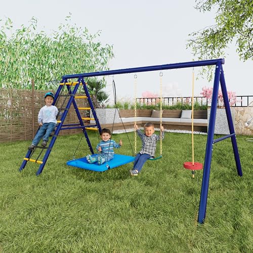 FENGSSLL Schaukelgestell Outdoor mit 3 Schaukeln und Klettergerüst, Metall Kinderschaukel Schaukelgerüst Schaukelständer mit Basketballkorb für Kinder, Garten Schaukelgerüst, Hängeschaukel von FENGSSLL