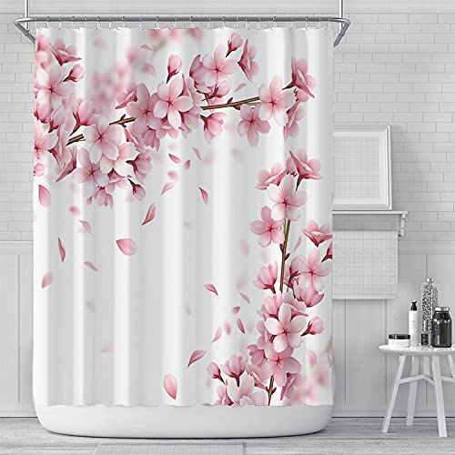 Pink Cherry Blossom Pfirsichblüten Duschvorhang Weißer Hintergrund für Mädchen Badezimmer Wasserdichter Polyesterstoff Bildschirm 260x180cm(102X71inch) von FENJIU