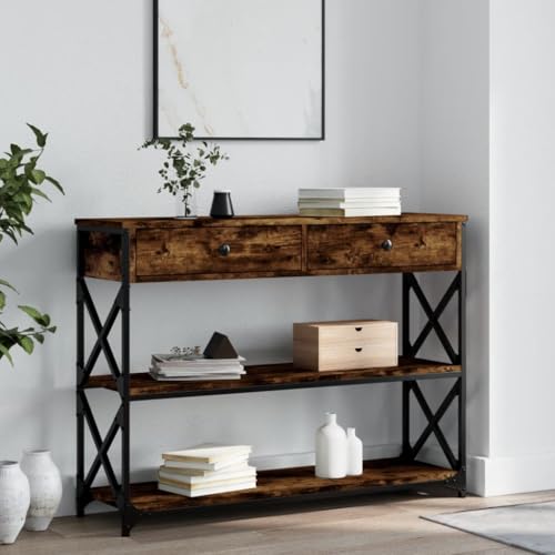FENLAX Konsolentisch mit Schublade 100x28x75 cm Flurtisch mit Schublade Sideboard Konsolentisch mit Ablagen Beistelltisch Telefontisch Couchtisch Holzwerkstoff&Metall Räuchereiche von FENLAX