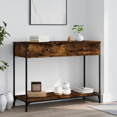 FENLAX Konsolentisch mit Schublade 100x34,5x75 cm Flurtisch mit Schublade Sideboard Konsolentisch mit Ablagen Beistelltisch mit Schublade Couchtisch Holzwerkstoff&Metall Räuchereiche von FENLAX